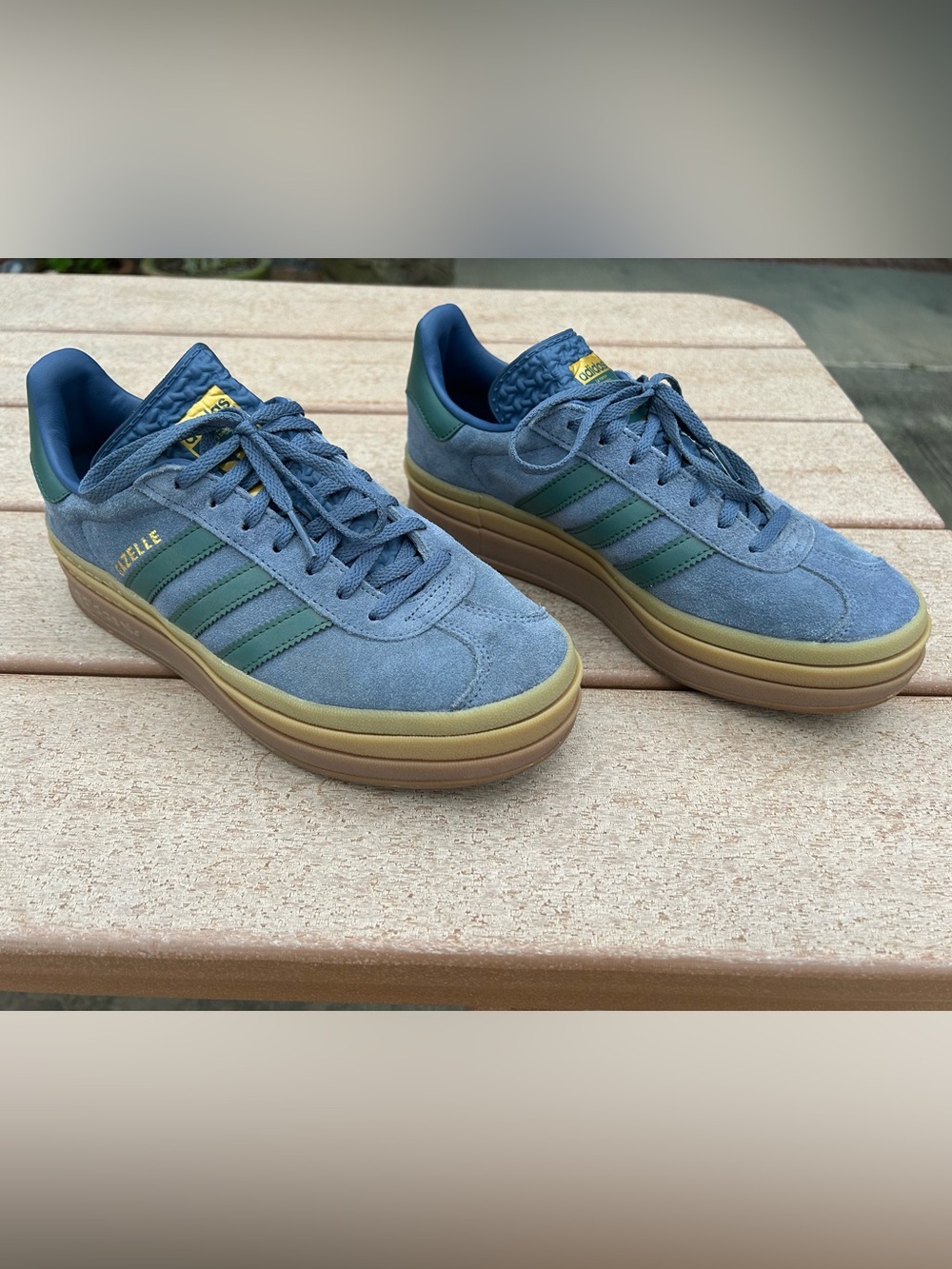 adidas Gazelle Platform Sneakers in Blue and Green with Gum Sole